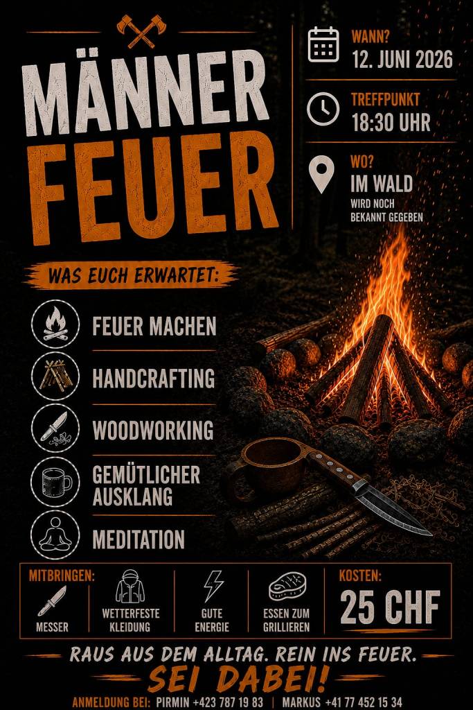 02.06.2026
Nach dem letzten wunderbaren Männerkreis, freuen wir uns, euch zum nächsten Männerfeuer am Freitag, 12. Juni 2026 einzuladen. Weitere Infos findet ihr unter "Veranstaltungen/Infos".
Melde dich heute noch an! Wir freuen uns auf dich!